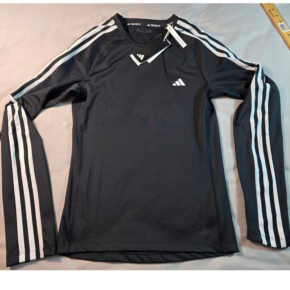 Adidas Techfit Training Shirt Men Small Black 3-Stripe Long Sleeve HD3532 NEW